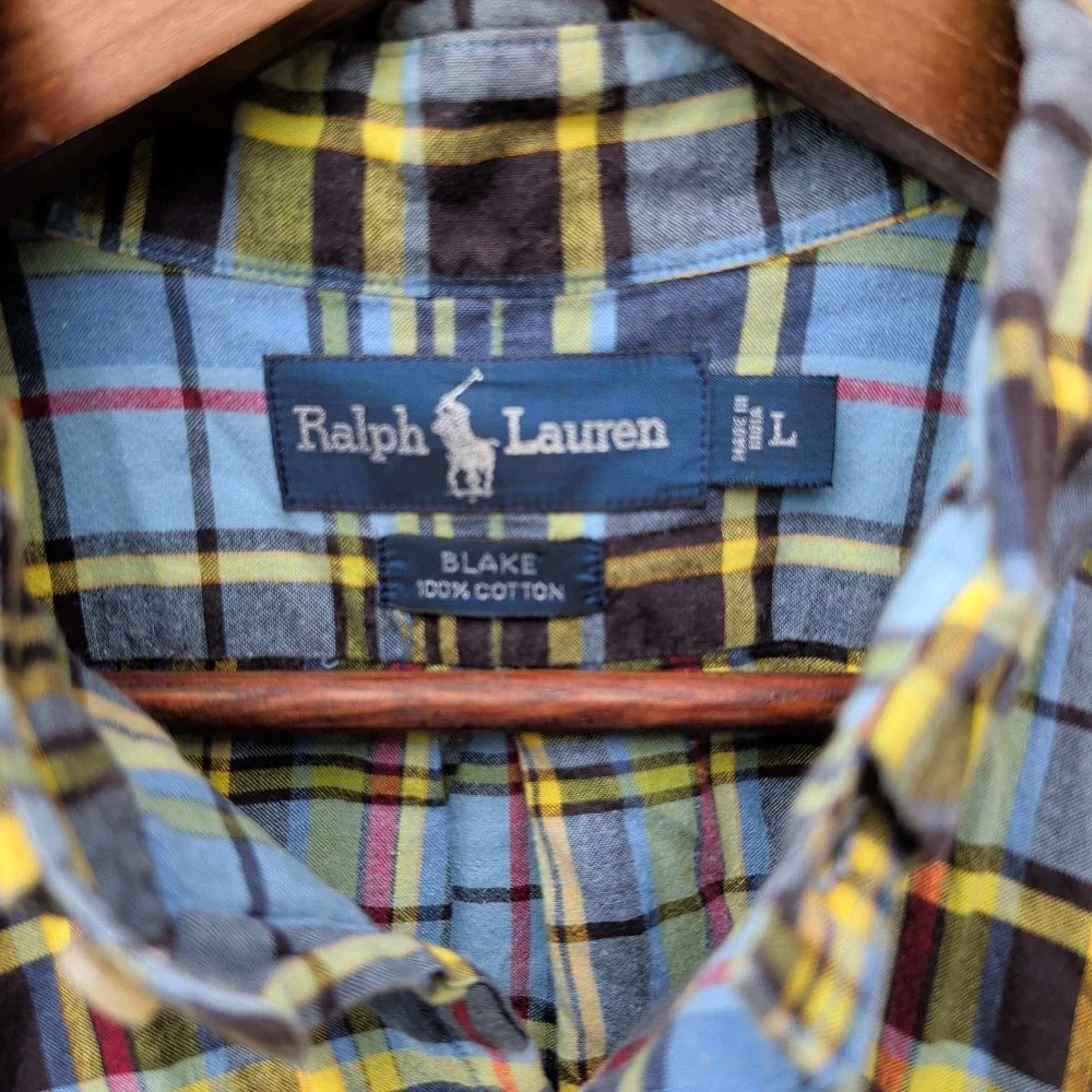 Ralph Lauren Blake Shirt Mens Large Blue Yellow Plaid Short Sleeve Button Down